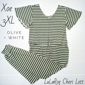 NWT LuLaRoe Xoe, Olive and White Striped Jumpsuit.